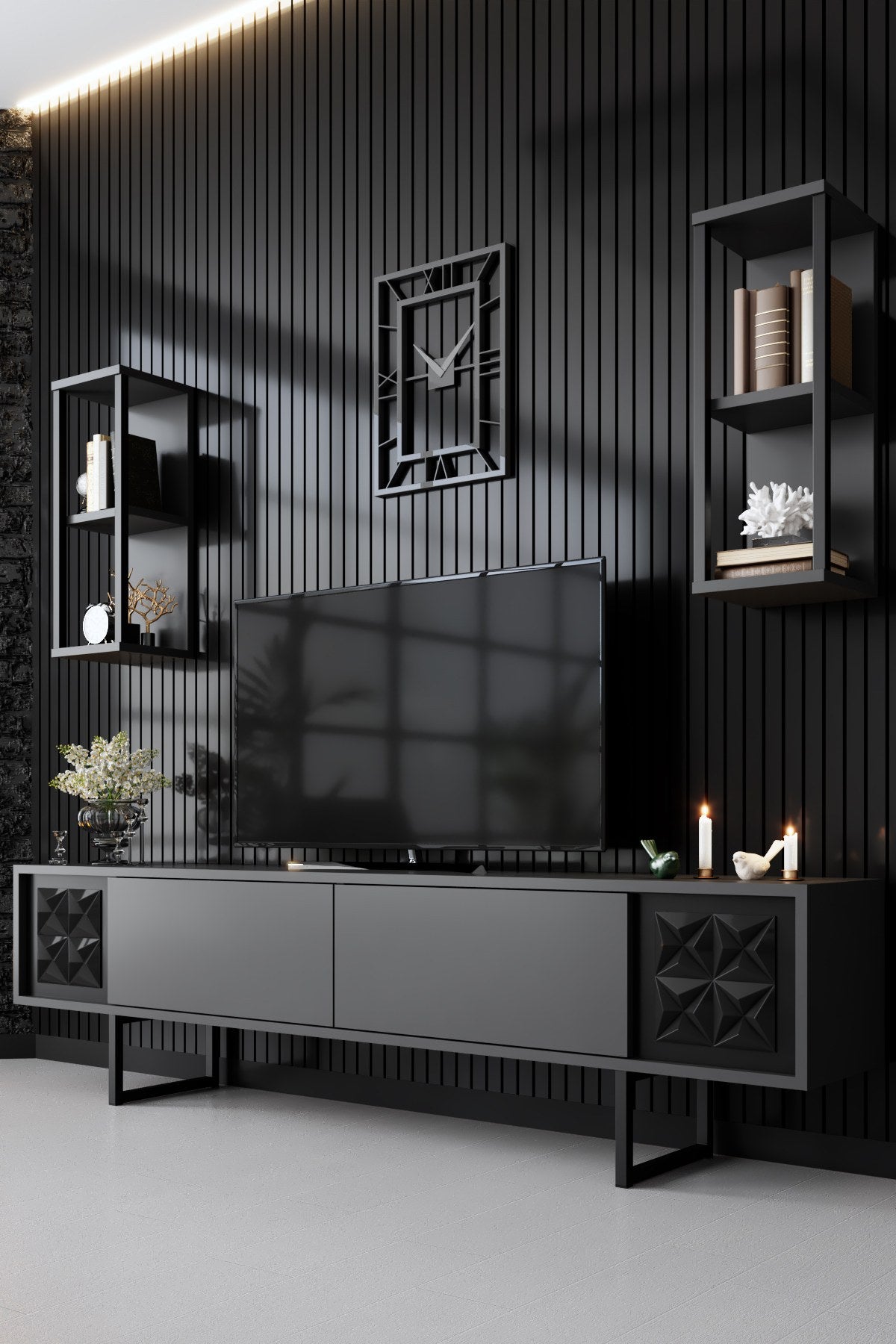 TV Furniture - TV Furniture Set Black Line Anthracite Black Melamine 180x48x30 cm - Dimehouse