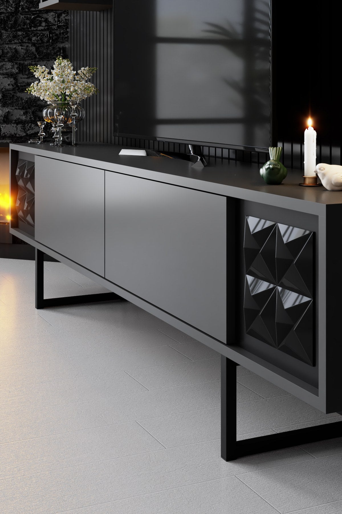 TV Furniture - TV Furniture Set Black Line Anthracite Black Melamine 180x48x30 cm - Dimehouse