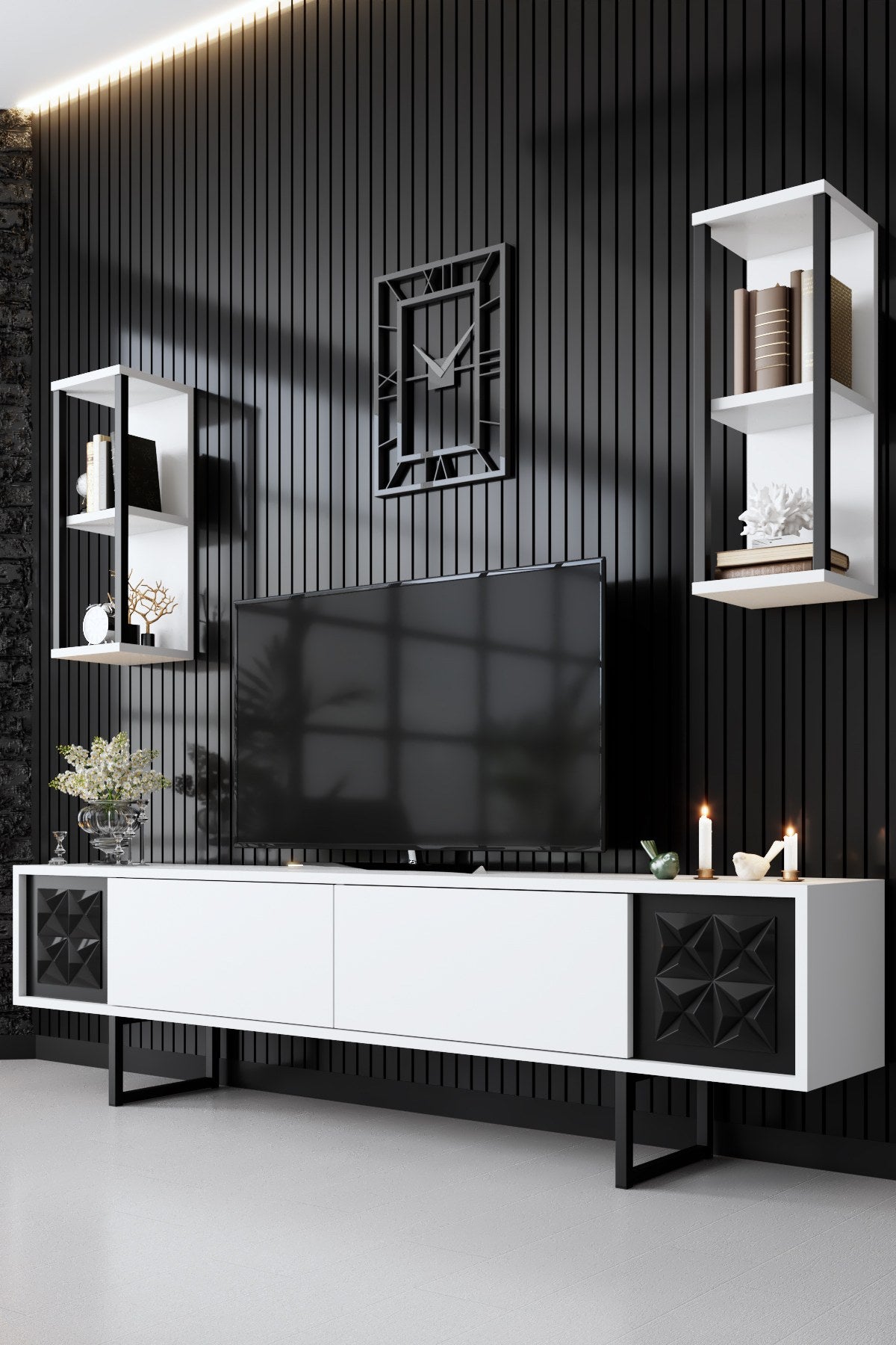 TV Furniture - TV Furniture Set Black Line White Black Melamine 180x48x30 cm - Dimehouse