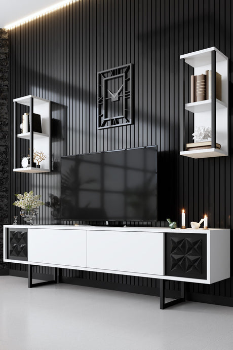 TV Furniture - TV Furniture Set Black Line White Black Melamine 180x48x30 cm - Dimehouse