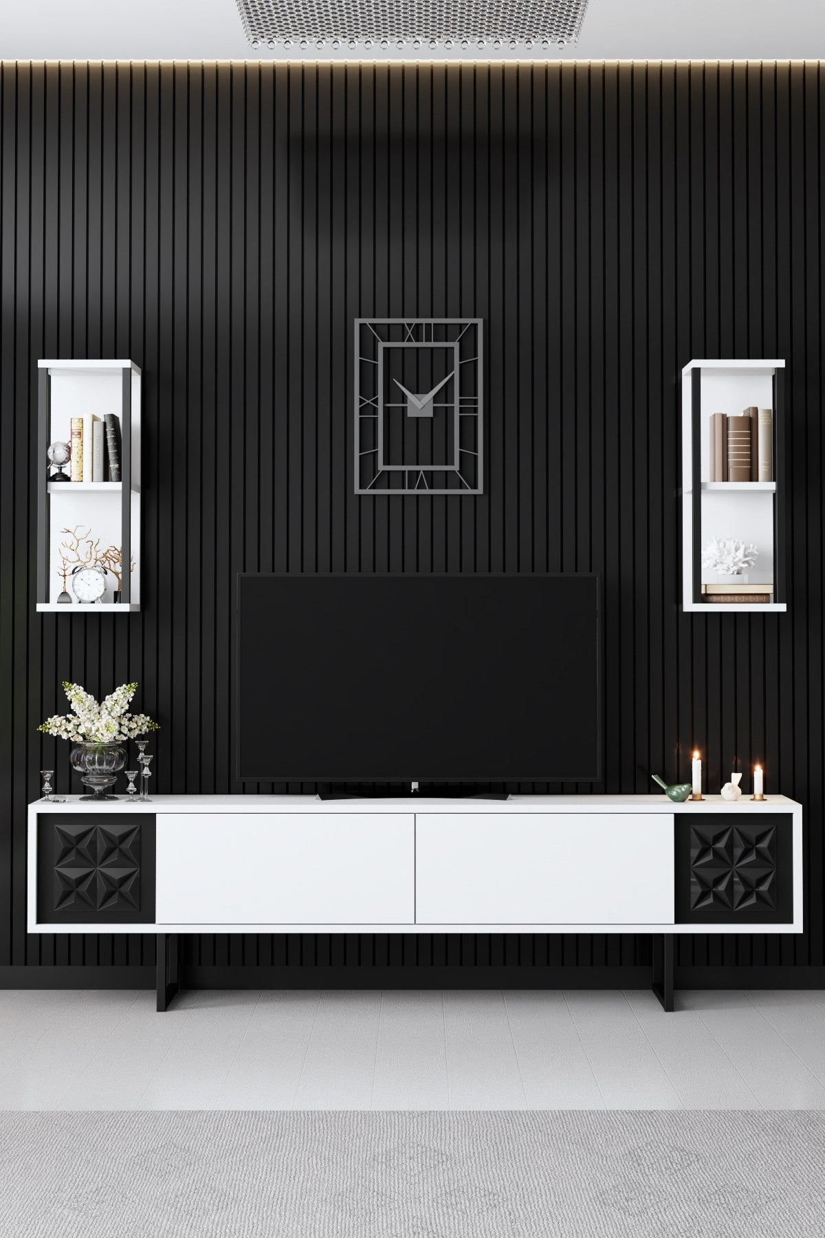 TV Furniture - TV Furniture Set Black Line White Black Melamine 180x48x30 cm - Dimehouse