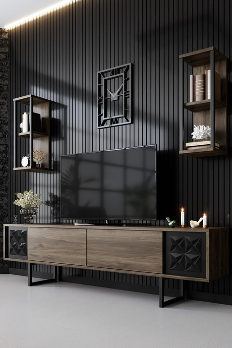 TV Furniture - TV Furniture Set Black Line Walnut Black Melamine 180x48x30 cm - Dimehouse