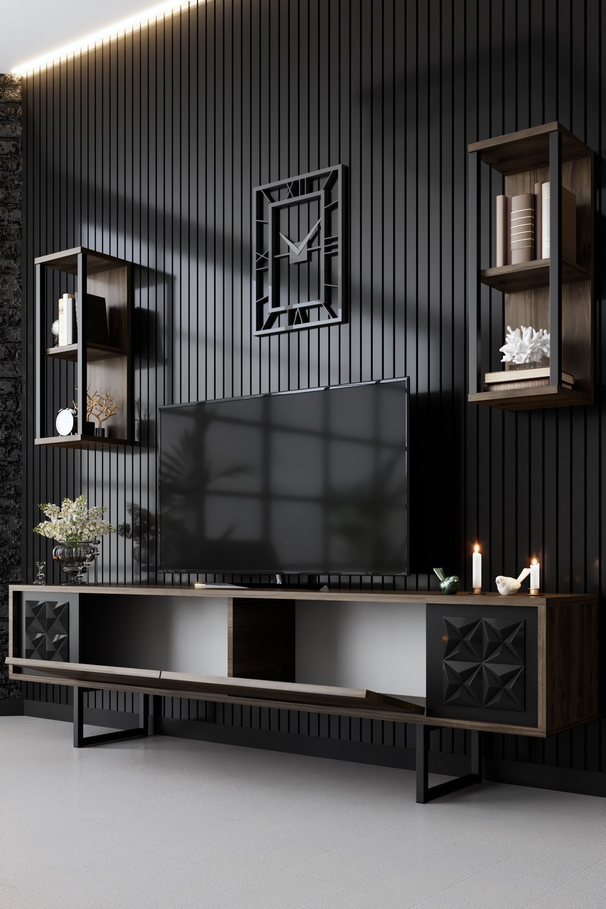 TV Furniture - TV Furniture Set Black Line Walnut Black Melamine 180x48x30 cm - Dimehouse