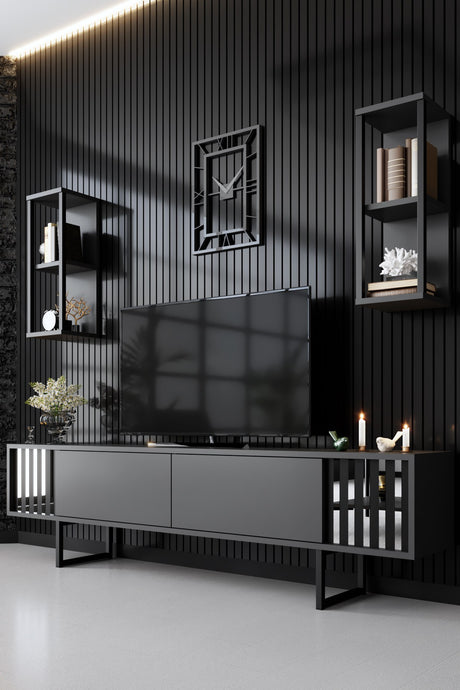 TV Furniture - TV Furniture Set Chrome Line Anthracite Black Melamine 180x48x30 cm - Dimehouse