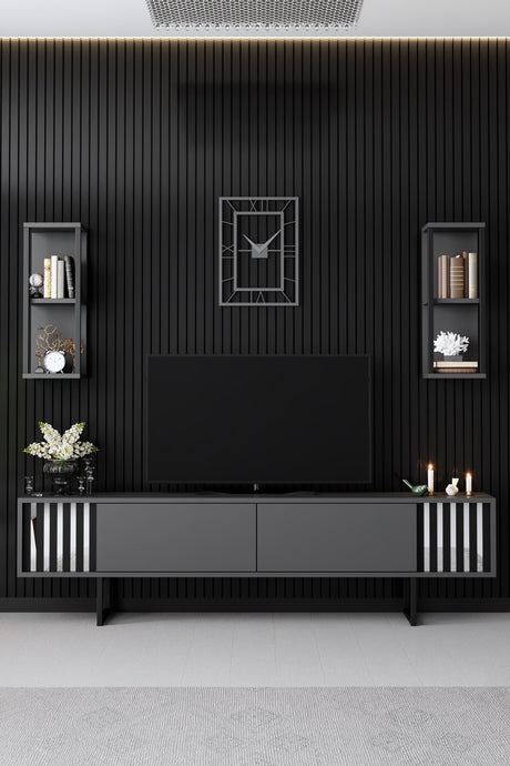TV Furniture - TV Furniture Set Chrome Line Anthracite Black Melamine 180x48x30 cm - Dimehouse