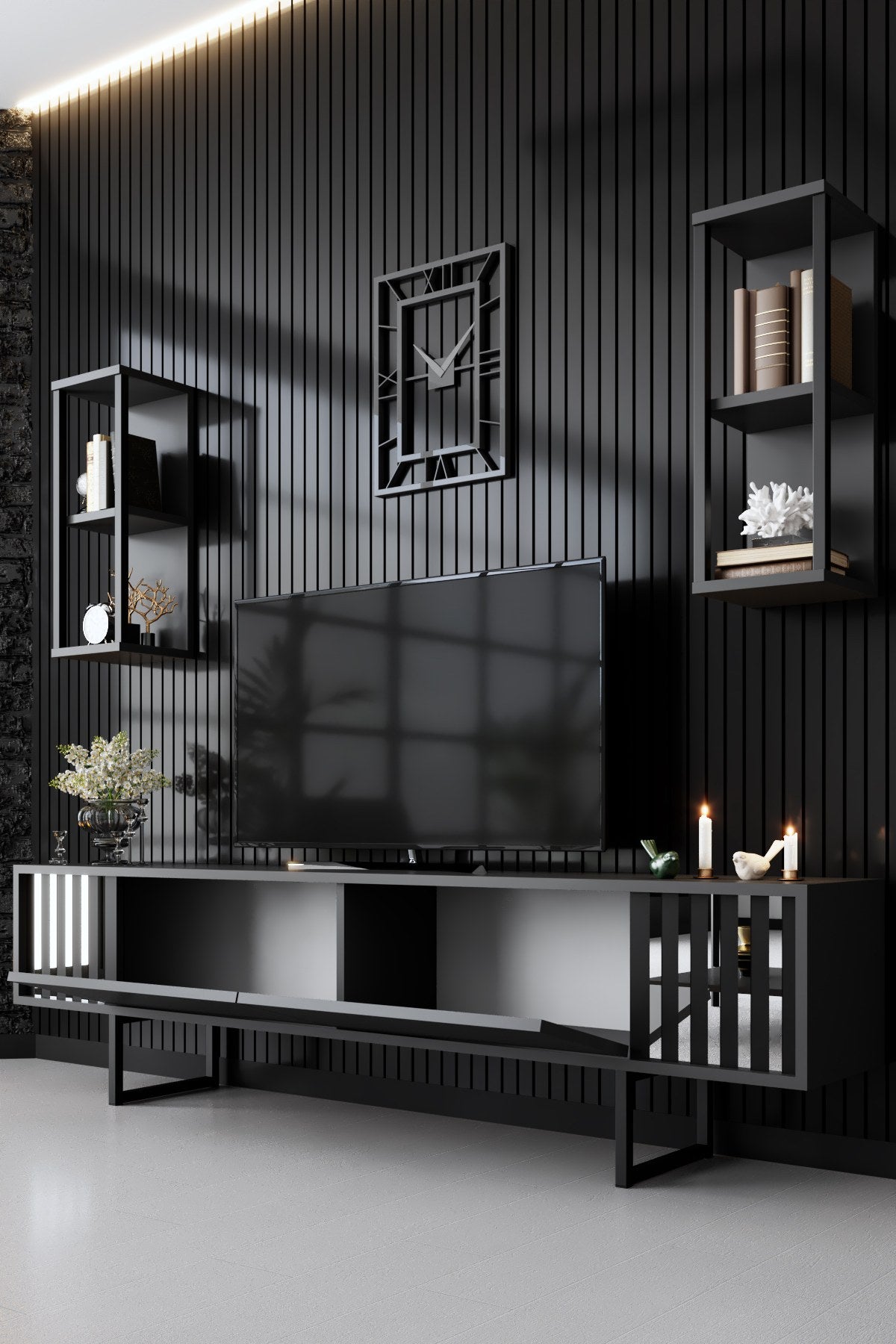 TV Furniture - TV Furniture Set Chrome Line Anthracite Black Melamine 180x48x30 cm - Dimehouse