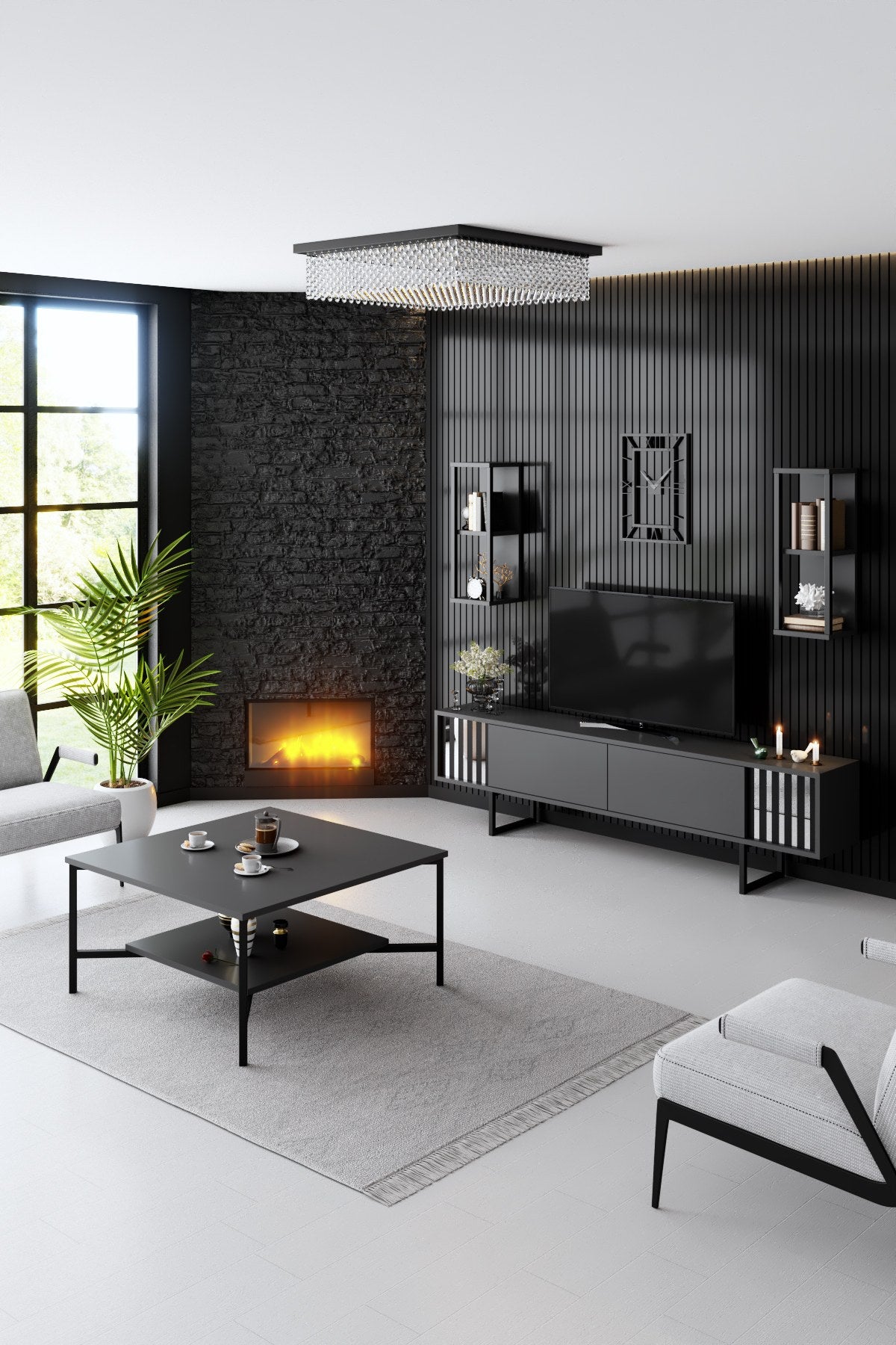 TV Furniture - TV Furniture Set Chrome Line Anthracite Black Melamine 180x48x30 cm - Dimehouse
