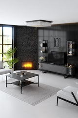TV Furniture - TV Furniture Set Chrome Line Anthracite Black Melamine 180x48x30 cm - Dimehouse
