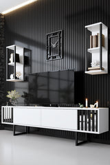 TV Furniture - TV Furniture Set Chrome Line White Black Melamine 180x48x30 cm - Dimehouse