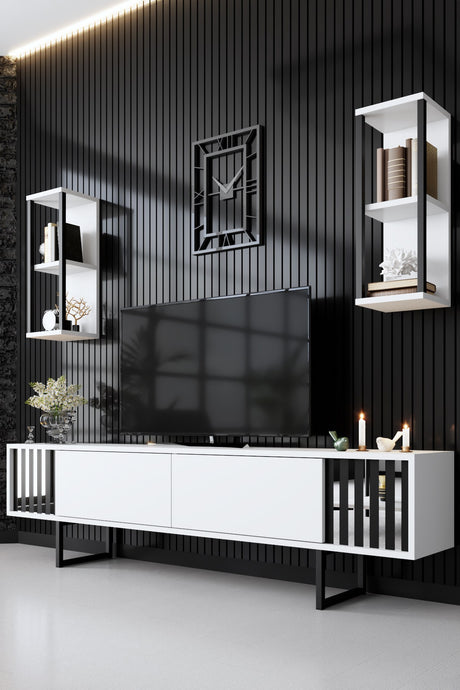 TV Furniture - TV Furniture Set Chrome Line White Black Melamine 180x48x30 cm - Dimehouse