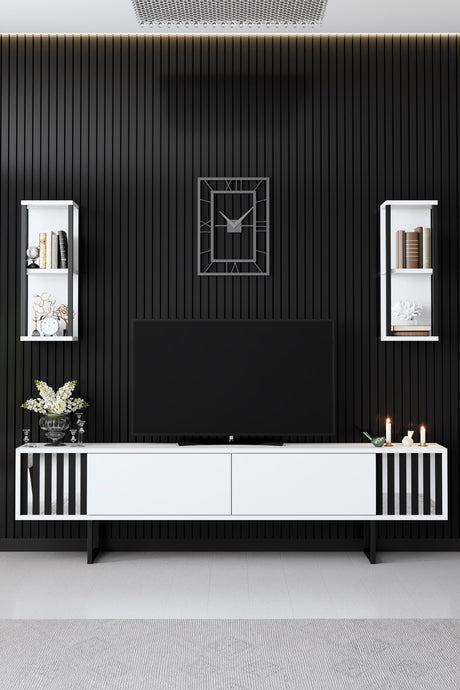 TV Furniture - TV Furniture Set Chrome Line White Black Melamine 180x48x30 cm - Dimehouse