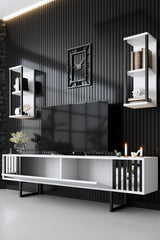 TV Furniture - TV Furniture Set Chrome Line White Black Melamine 180x48x30 cm - Dimehouse