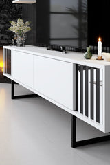 TV Furniture - TV Furniture Set Chrome Line White Black Melamine 180x48x30 cm - Dimehouse