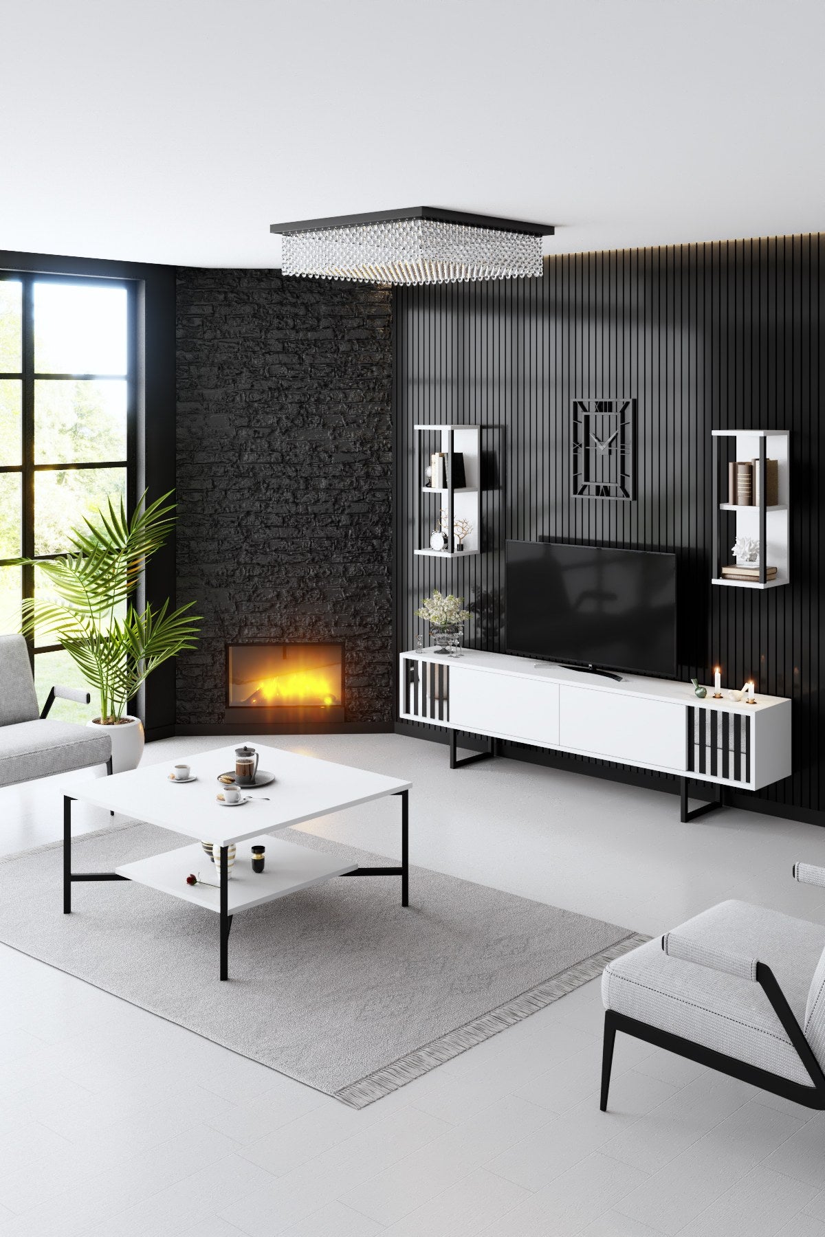 TV Furniture - TV Furniture Set Chrome Line White Black Melamine 180x48x30 cm - Dimehouse
