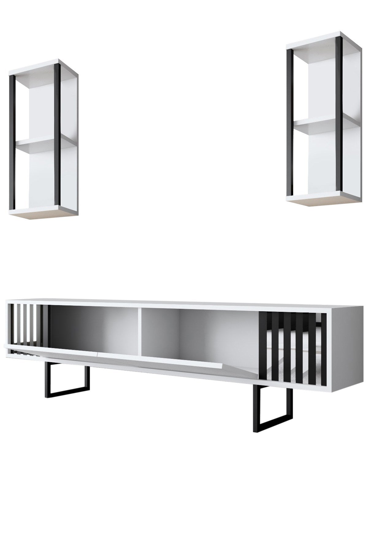 TV Furniture - TV Furniture Set Chrome Line White Black Melamine 180x48x30 cm - Dimehouse