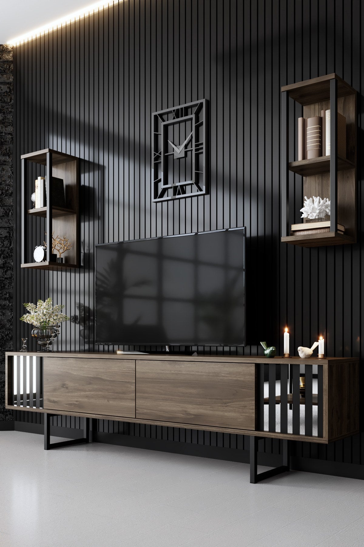 TV Furniture - TV Furniture Set Chrome Line Walnut Black Melamine 180x48x30 cm - Dimehouse