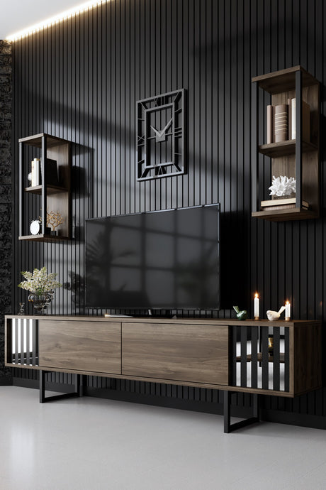 TV Furniture - TV Furniture Set Chrome Line Walnut Black Melamine 180x48x30 cm - Dimehouse