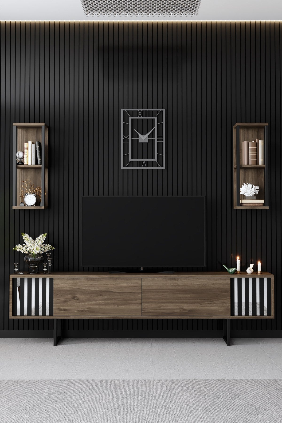 TV Furniture - TV Furniture Set Chrome Line Walnut Black Melamine 180x48x30 cm - Dimehouse