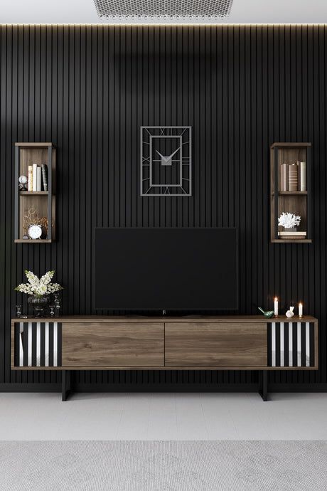 TV Furniture - TV Furniture Set Chrome Line Walnut Black Melamine 180x48x30 cm - Dimehouse