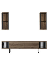 TV Furniture - TV Furniture Set Chrome Line Walnut Black Melamine 180x48x30 cm - Dimehouse