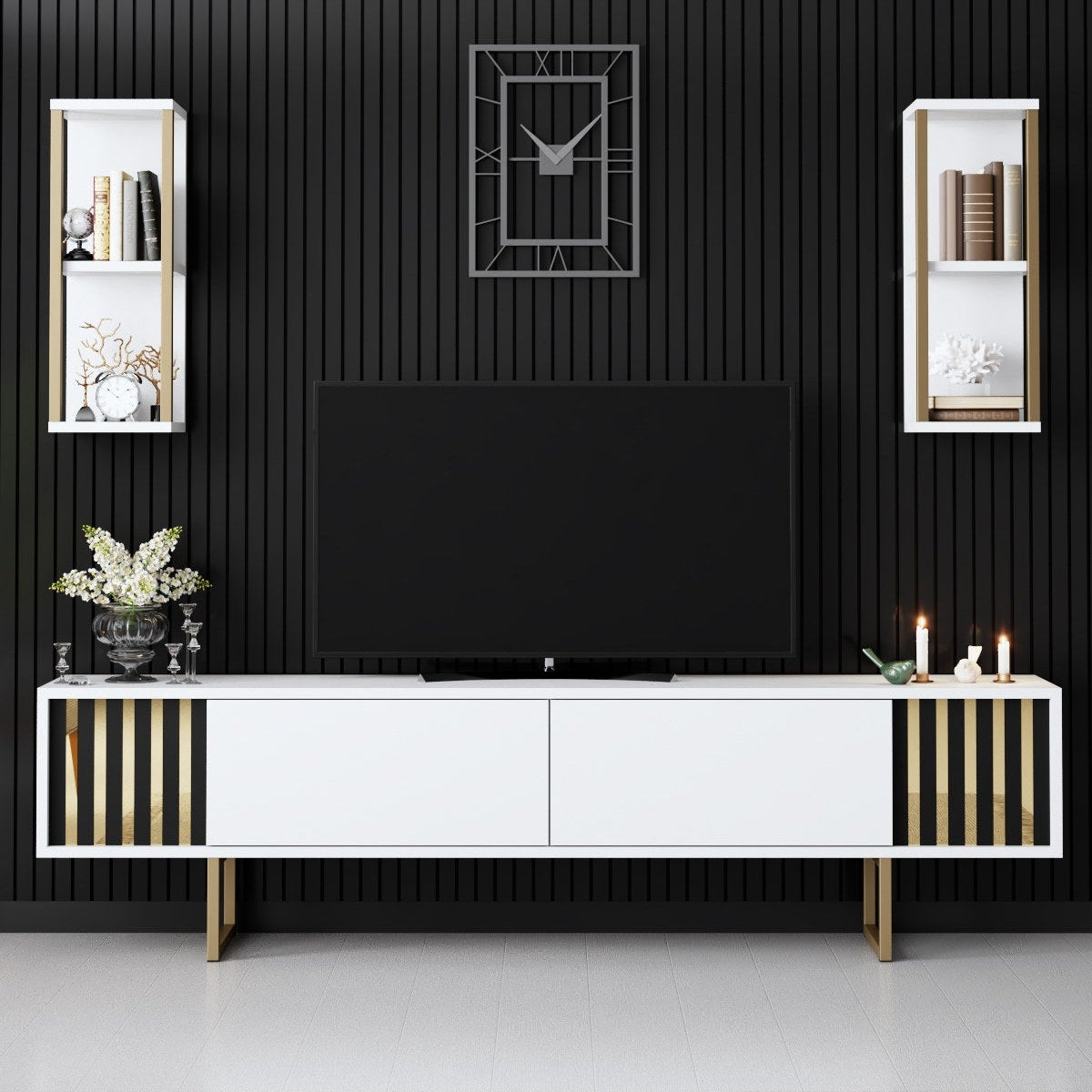 TV Furniture - TV Furniture Set Gold Line White Black Melamine 180x48x30 cm - Dimehouse