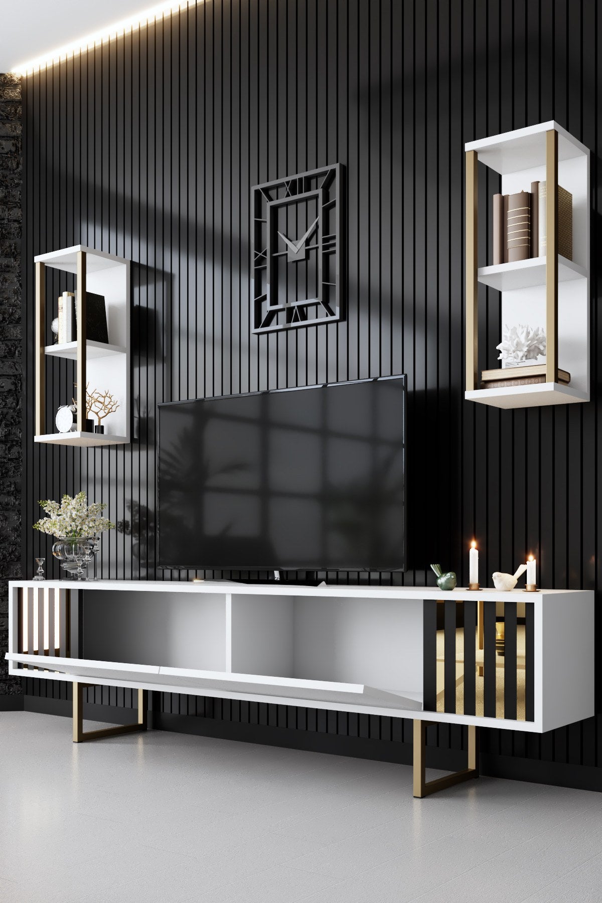 TV Furniture - TV Furniture Set Gold Line White Black Melamine 180x48x30 cm - Dimehouse