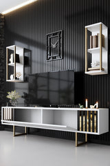 TV Furniture - TV Furniture Set Gold Line White Black Melamine 180x48x30 cm - Dimehouse