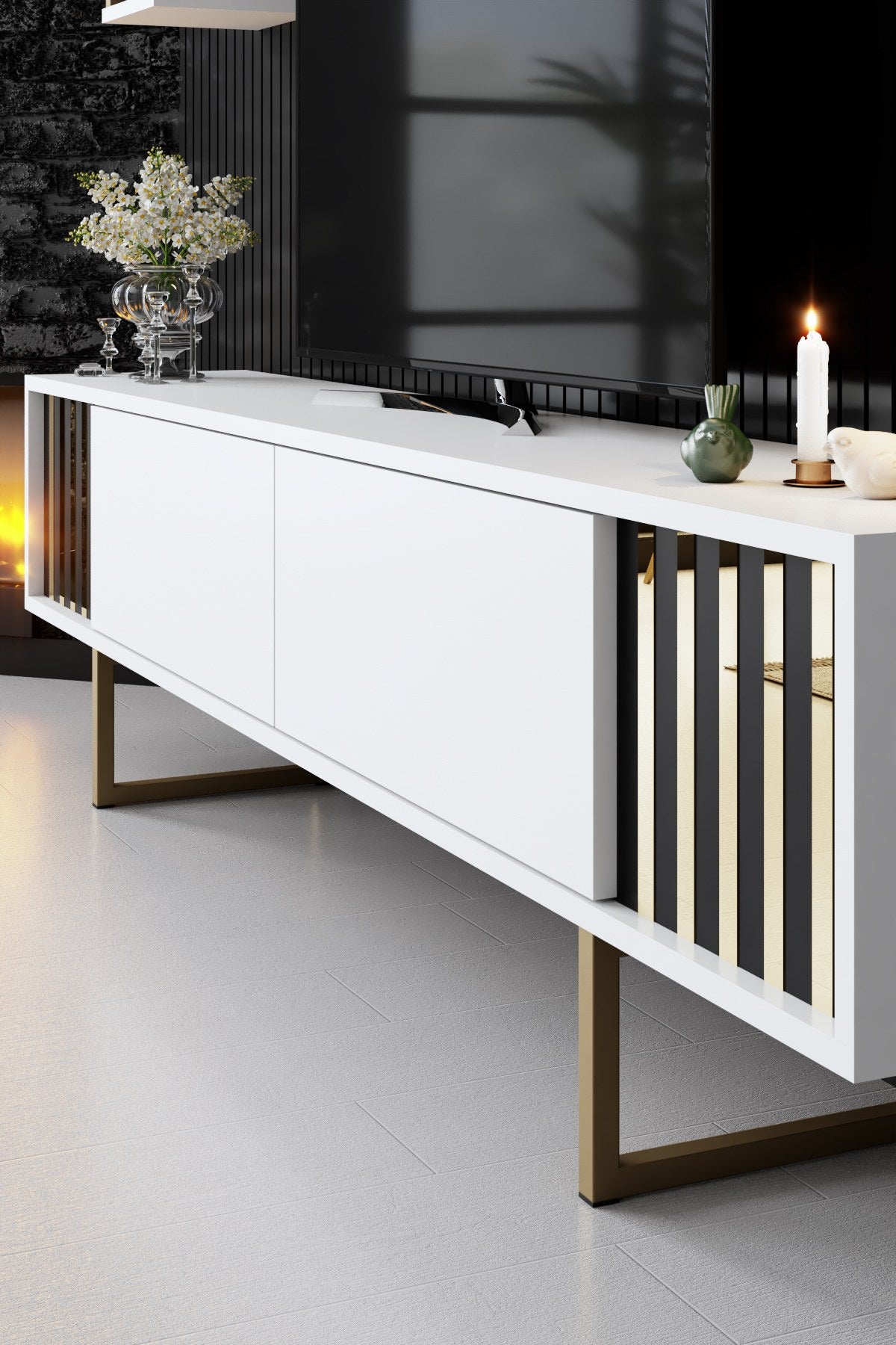 TV Furniture - TV Furniture Set Gold Line White Black Melamine 180x48x30 cm - Dimehouse