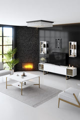 TV Furniture - TV Furniture Set Gold Line White Black Melamine 180x48x30 cm - Dimehouse