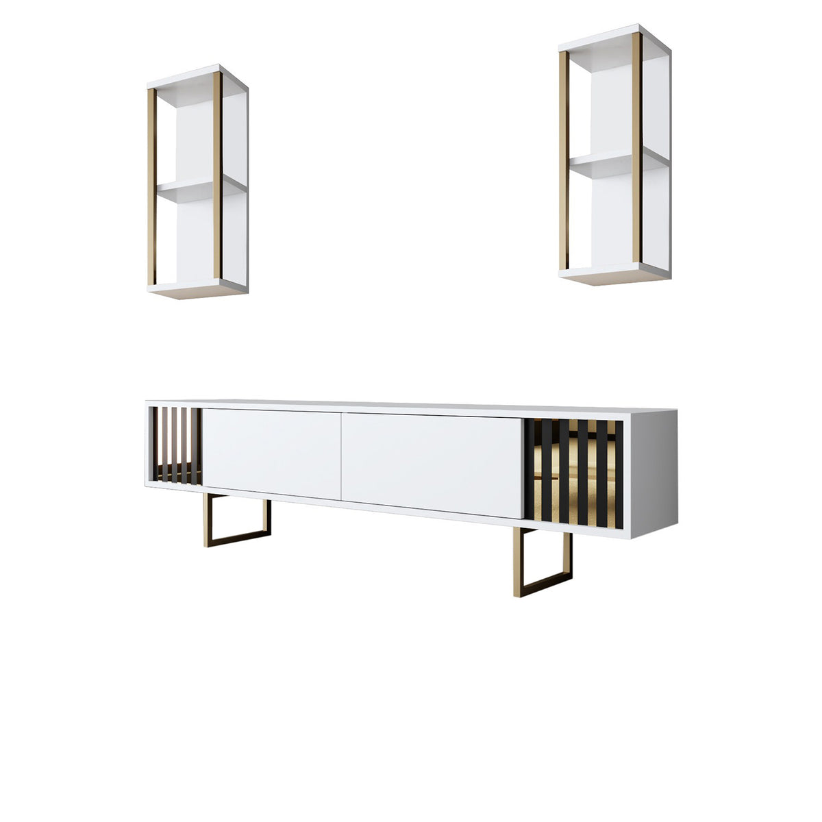 TV Furniture - TV Furniture Set Gold Line White Black Melamine 180x48x30 cm - Dimehouse