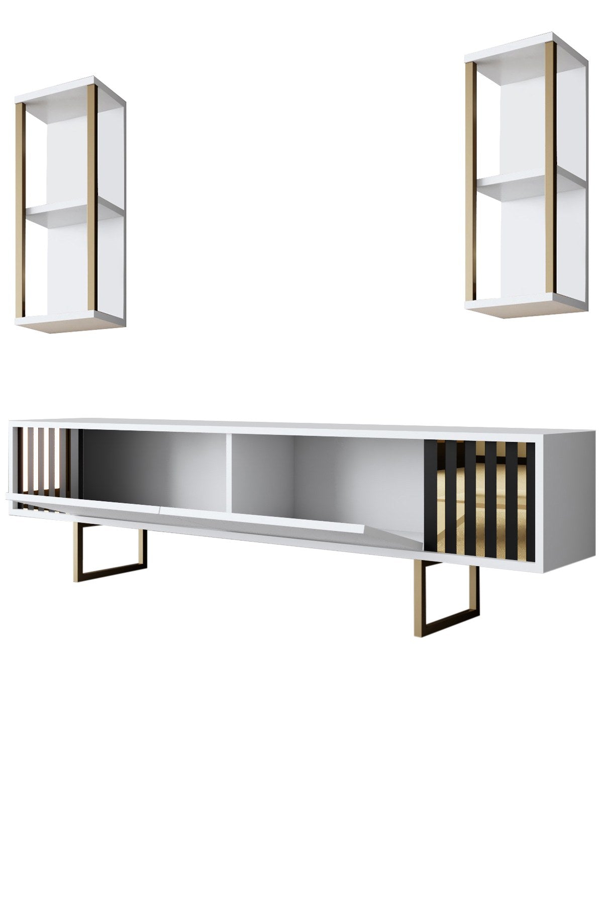 TV Furniture - TV Furniture Set Gold Line White Black Melamine 180x48x30 cm - Dimehouse
