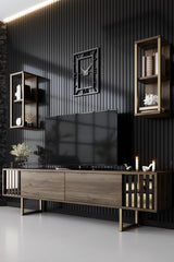 TV Furniture - TV Furniture Set Gold Line Walnut Black Melamine 180x48x30 cm - Dimehouse