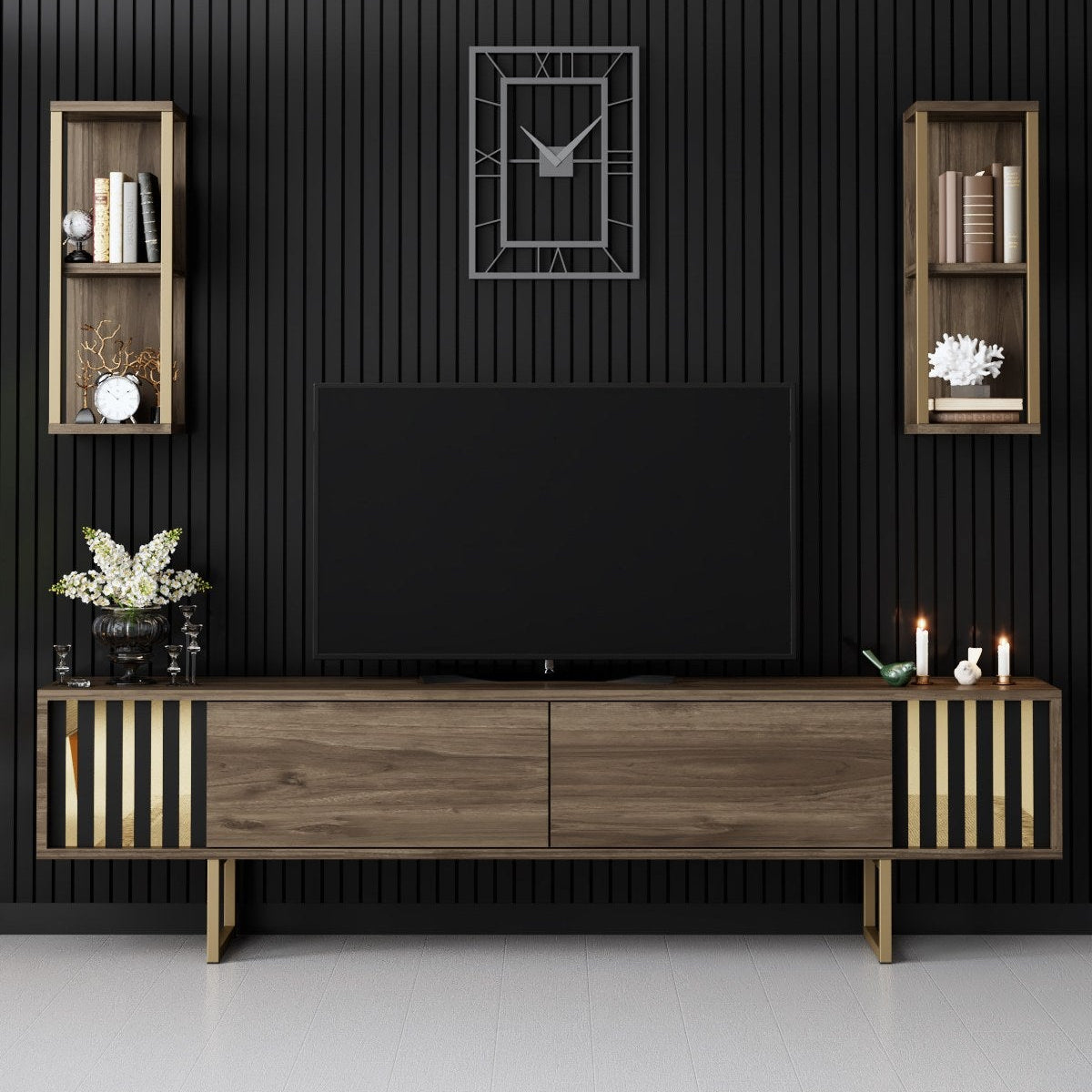 TV Furniture - TV Furniture Set Gold Line Walnut Black Melamine 180x48x30 cm - Dimehouse