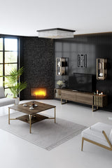 TV Furniture - TV Furniture Set Gold Line Walnut Black Melamine 180x48x30 cm - Dimehouse