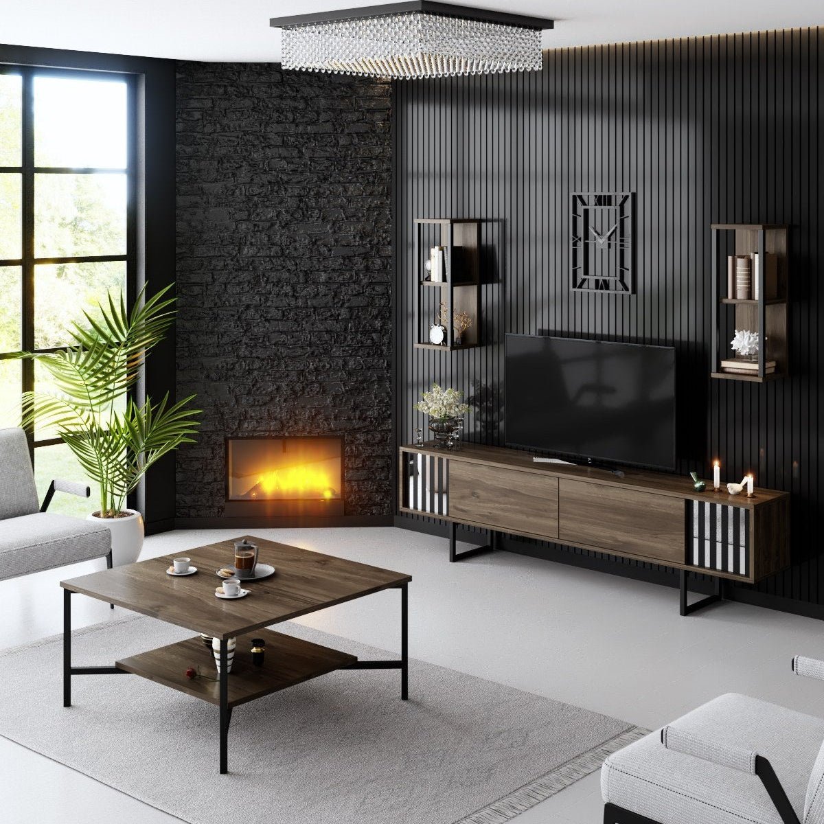 Furniture sets - Furniture set Walnut - Black - Chrome Line - Coffee table + TV Furniture - Dimehouse