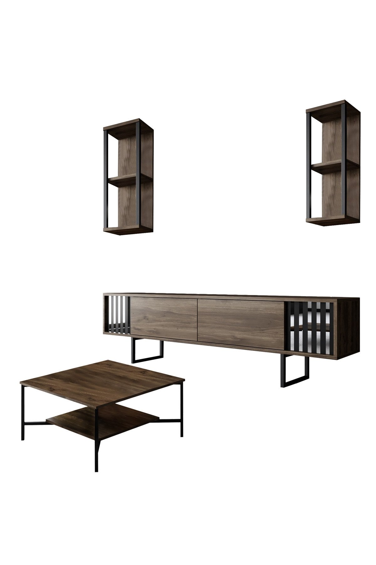 Furniture sets - Furniture set Walnut - Black - Chrome Line - Coffee table + TV Furniture - Dimehouse