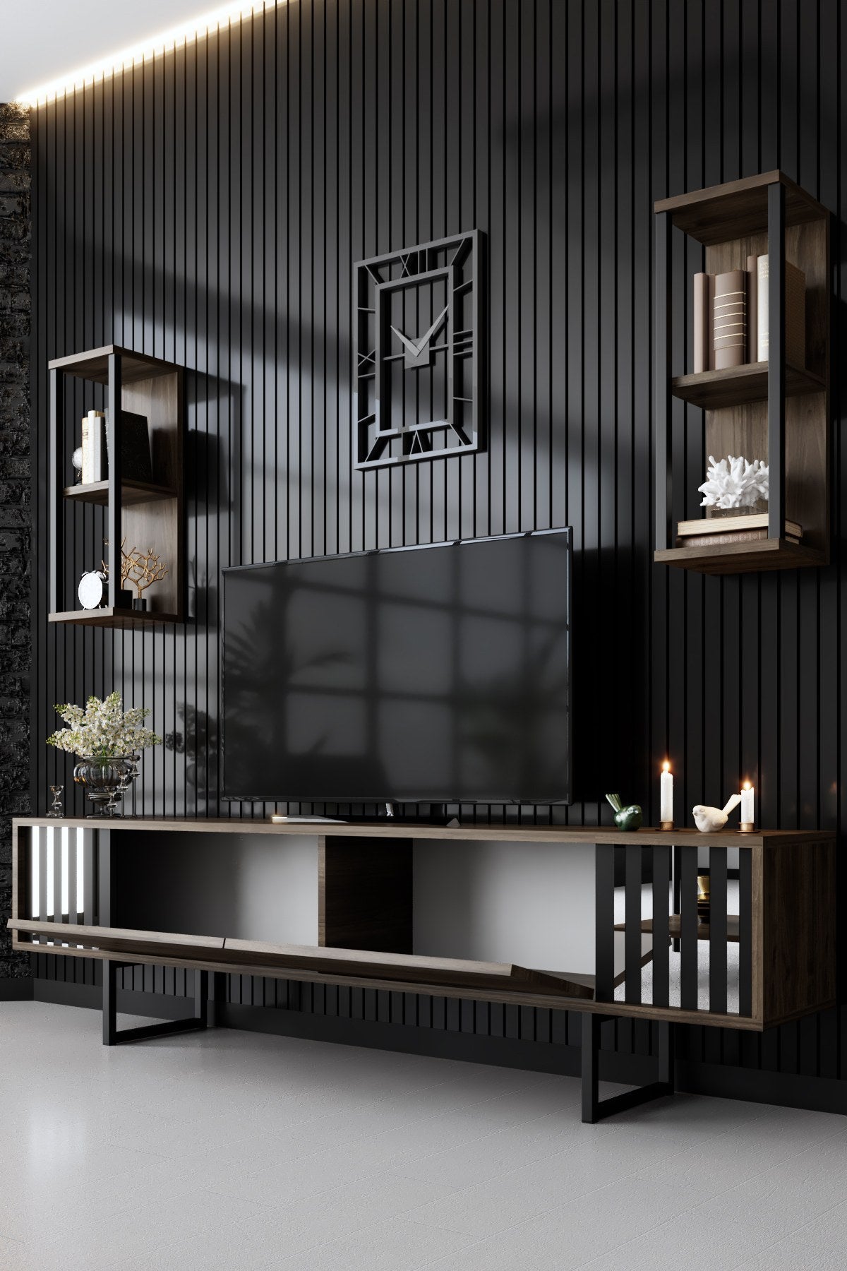 Furniture sets - Furniture set Walnut - Black - Chrome Line - Coffee table + TV Furniture - Dimehouse