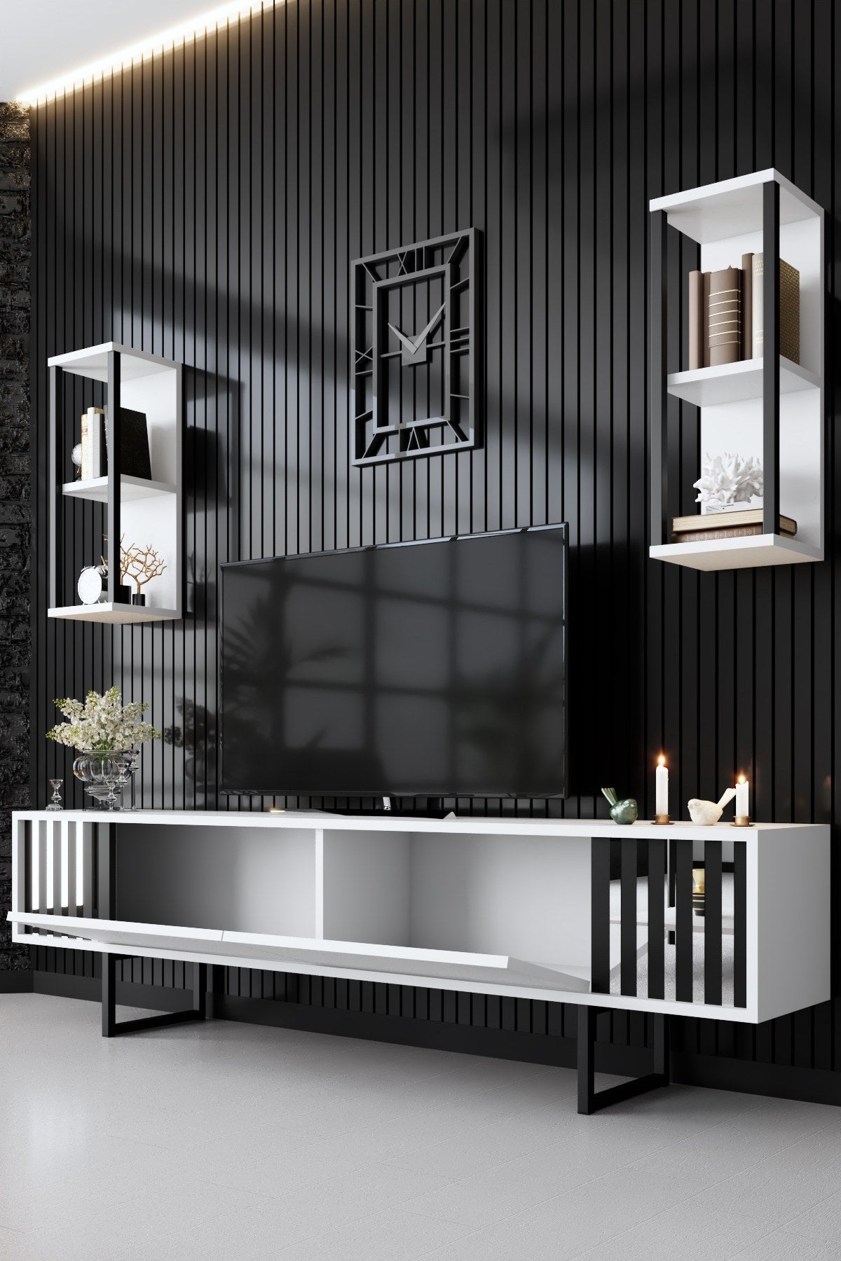 Furniture sets - Furniture set White - Black - Chrome Line - Coffee table + TV Furniture - Dimehouse