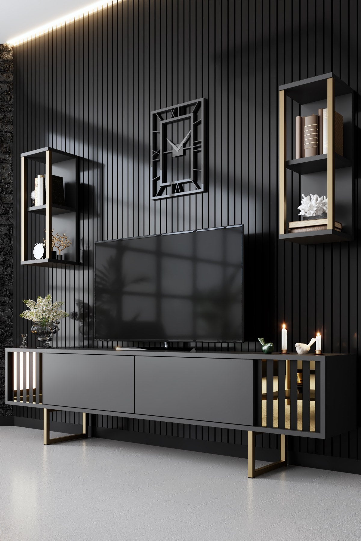 Furniture sets - Furniture set Anthracite - Gold - Gold Line - Coffee table + TV Furniture - Dimehouse