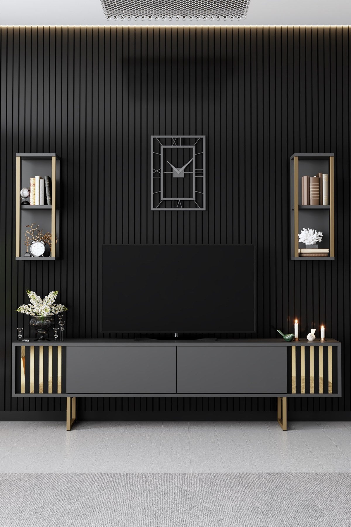 Furniture sets - Furniture set Anthracite - Gold - Gold Line - Coffee table + TV Furniture - Dimehouse