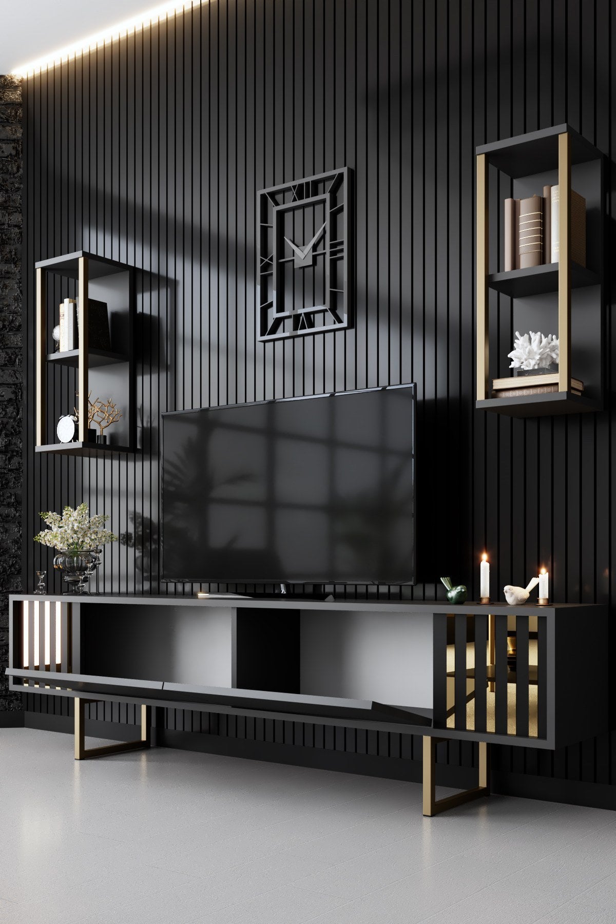 Furniture sets - Furniture set Anthracite - Gold - Gold Line - Coffee table + TV Furniture - Dimehouse