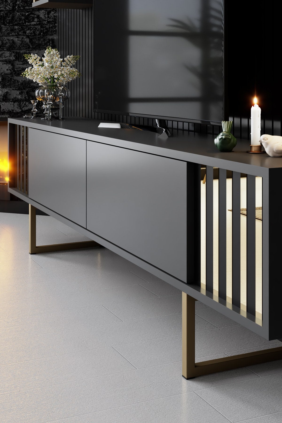 Furniture sets - Furniture set Anthracite - Gold - Gold Line - Coffee table + TV Furniture - Dimehouse