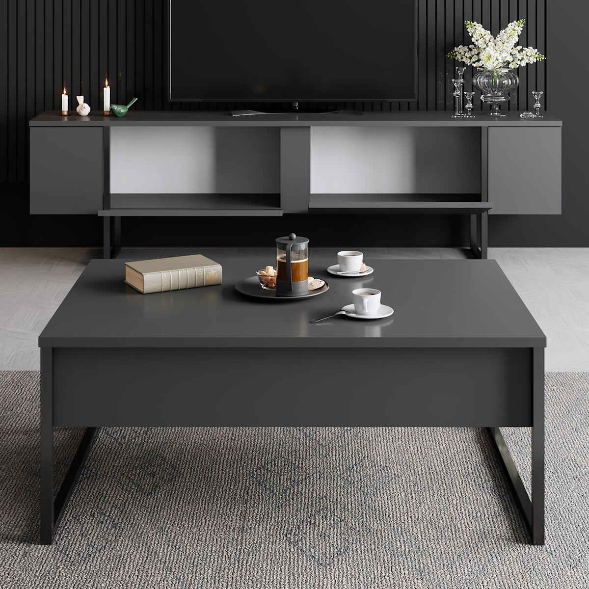 Furniture Sets - Furniture Set Anthracite Luxury - Coffee Table + TV Furniture - Black Frame - Dimehouse