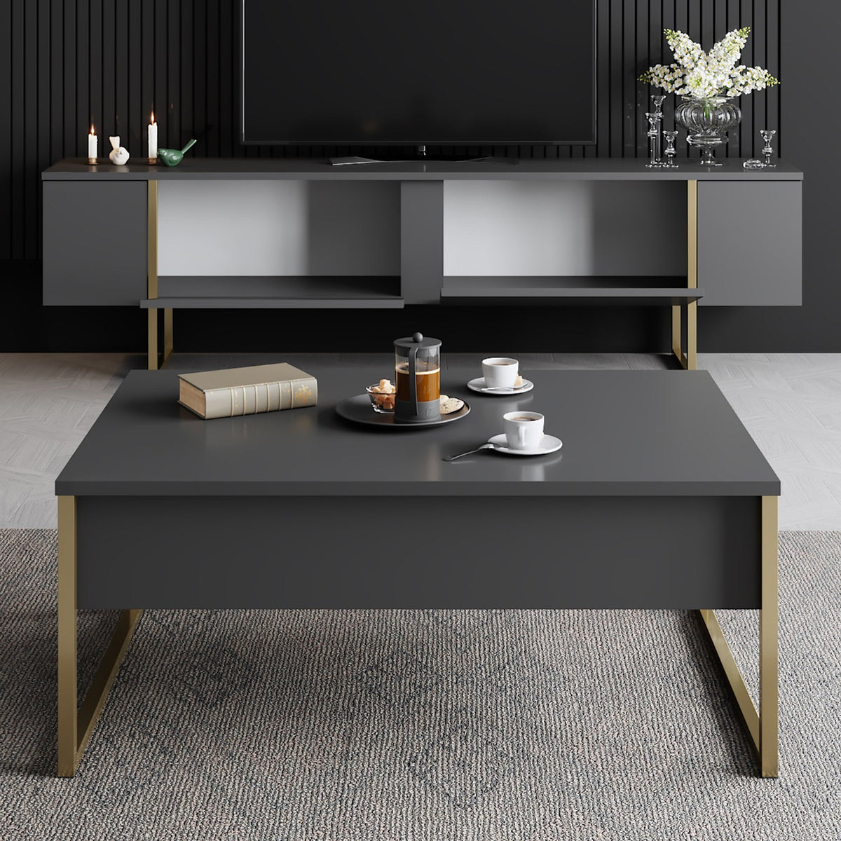 Furniture Sets - Furniture Set Anthracite Luxury - Coffee Table + TV Furniture - Golden Frame - Dimehouse