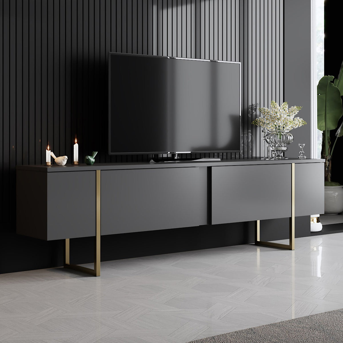 Furniture Sets - Furniture Set Anthracite Luxury - Coffee Table + TV Furniture - Golden Frame - Dimehouse