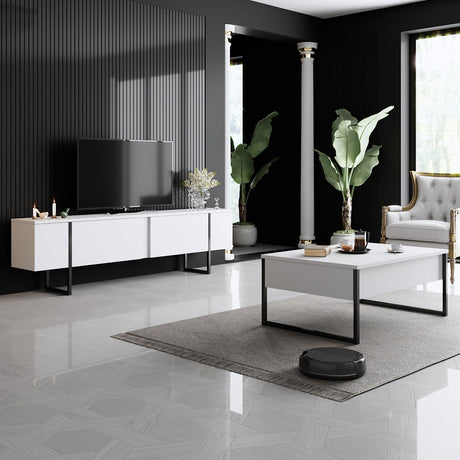Furniture Sets - Furniture Set White Luxury - Coffee Table + TV Furniture - Black Frame - Dimehouse