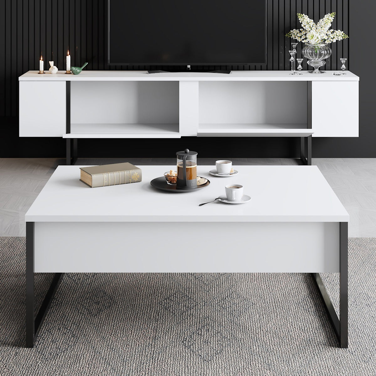 Furniture Sets - Furniture Set White Luxury - Coffee Table + TV Furniture - Black Frame - Dimehouse