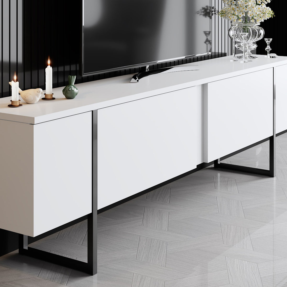 Furniture Sets - Furniture Set White Luxury - Coffee Table + TV Furniture - Black Frame - Dimehouse