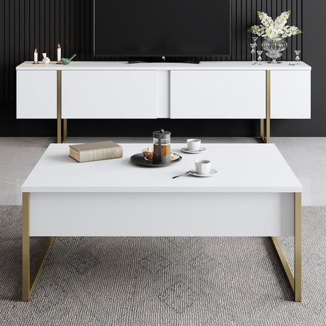Furniture Sets - Furniture Set White Luxury - Coffee Table + TV Furniture - Golden Frame - Dimehouse