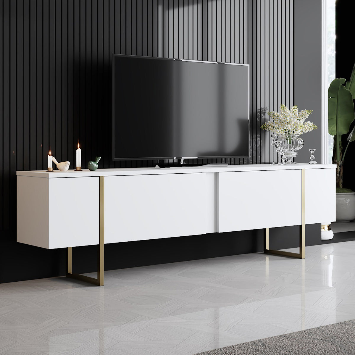 Furniture Sets - Furniture Set White Luxury - Coffee Table + TV Furniture - Golden Frame - Dimehouse